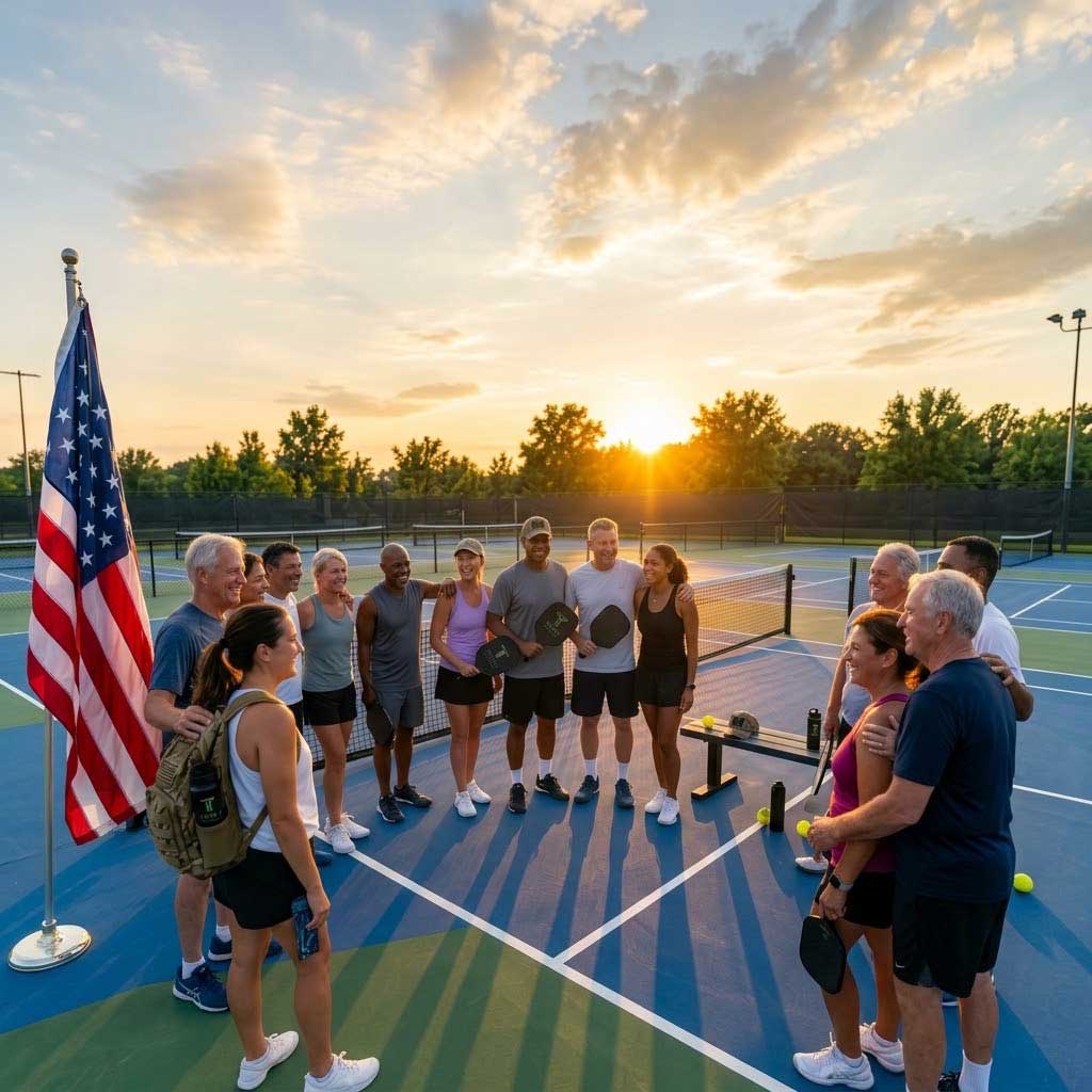 Adults playing pickleball together on an outdoor court